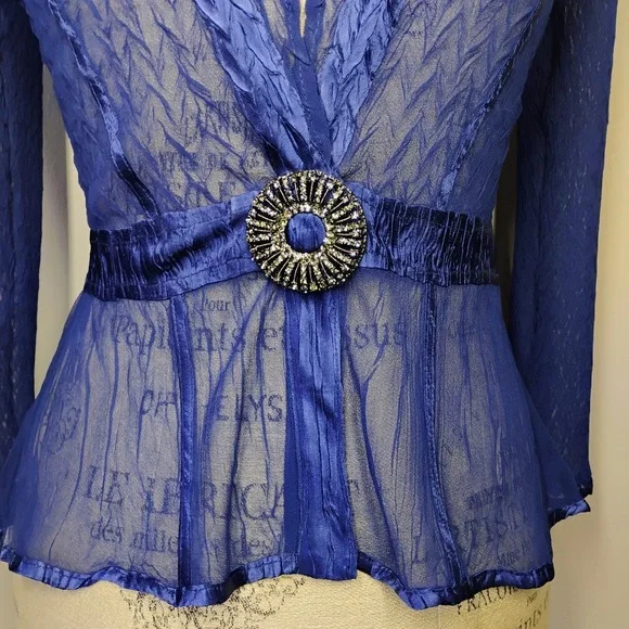 Komarov Sheer Cardigan Topper Women Small Blue Brooch Crinkle Mother Of Bride - Picture 2 of 11